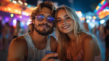 A couple enjoys a vibrant night at a summer festival, capturing memories amid colorful lights and joyous atmosphereの素材