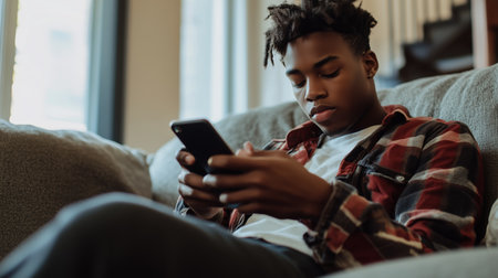 Teenage boy sitting on a couch in a cozy living room, using a smartphone while dressed casually in a plaid shirt and jeansの素材