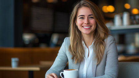 A young woman enjoys a warm beverage while smiling at a cozy cafÃ© during the morning hours with soft lightingの素材
