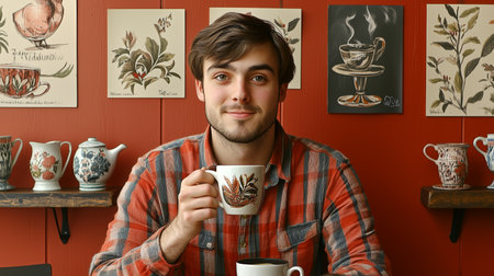 A young man enjoying a cup of tea in a cozy cafe filled with vintage decorations, surrounded by charming art and potteryの素材