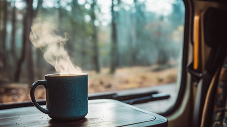 A steaming mug of coffee rests on a table inside a camper with a woodsy view in the early morning lightの素材