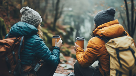 Two friends enjoying warm drinks in cozy winter attire while relaxing by a tranquil river in the woods during a chilly dayの素材