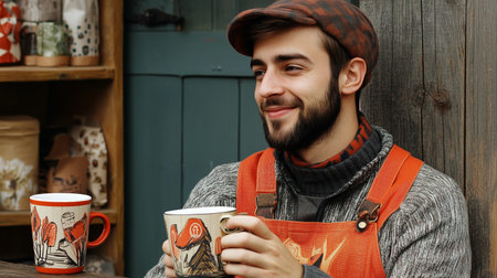 A young man enjoys warm beverages while wearing an orange apron and hat outside a rustic cafÃ© in autumnの素材