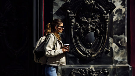 A woman with sunglasses and a coffee cup stands against an ornate wall in a sunlit urban settingの素材
