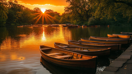 Golden sunset over a serene lake with rowboats lined along the shore in a peaceful park settingの素材