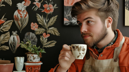 A young man enjoys a warm beverage while sitting in a cozy cafe filled with floral decor and potted plants during a sunny afternoonの素材