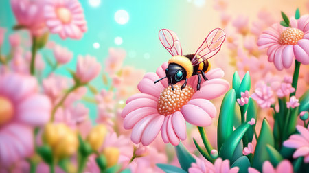 A busy bee collects nectar from a vibrant pink flower in a colorful garden setting during springtimeの素材
