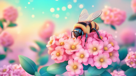 A bee collects nectar from vibrant pink flowers in a colorful garden at sunrise, showcasing the beauty of natureâs pollinatorsの素材
