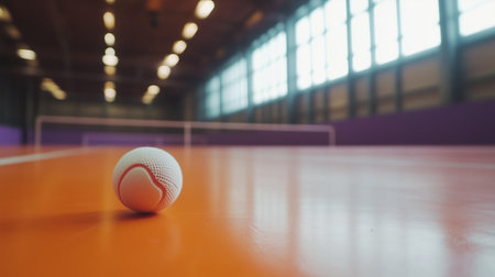 A close-up view of a rubber ball on an orange gym floor in a spacious indoor sports facility during a practice sessionの素材