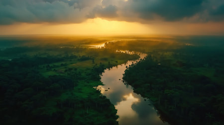 Golden sunset over lush river winding through dense forest in tranquil rural landscapeの素材