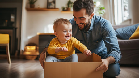 Father and toddler playfully enjoying their time together in a cozy living room setting on a sunny afternoonの素材