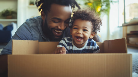 Father and child playing joyfully in a cardboard box indoors, showcasing happiness and creativity during a sunny afternoonの素材