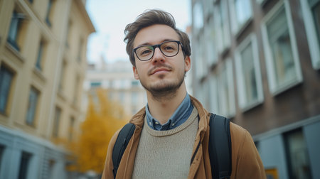 A young man with glasses stands confidently in a city street lined with autumn trees during a clear dayの素材
