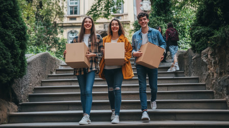 Three friends happily walking down stone steps carrying brown boxes in a lush green park on a sunny dayの素材