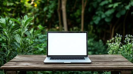 A laptop on a rustic wooden table surrounded by lush greenery in a serene outdoor setting during daylightの素材