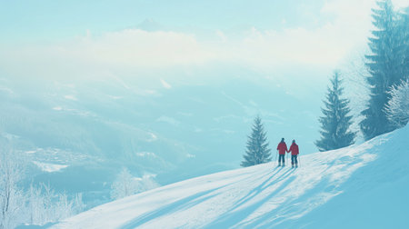 Couple walking hand in hand through a snowy landscape with evergreen trees in winter near a mountain range during daylight hoursの素材