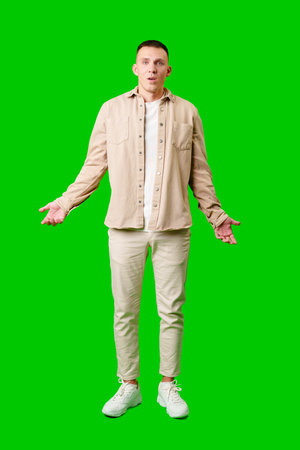 Confused Young Man Standing Against Bright Green Background With Open Arms in Uncertain Gestureの写真素材