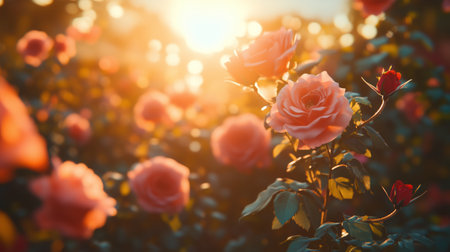 Beautiful roses blooming in a garden during sunset create a serene atmosphere with warm sunlight illuminating the petalsの素材