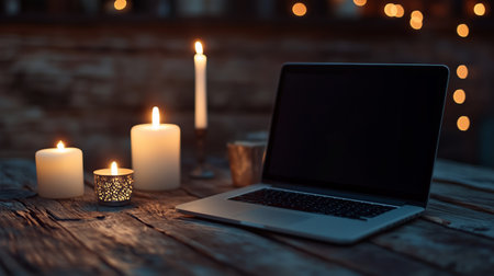 A cozy workspace with flickering candles and a laptop on a rustic wooden table in the evening ambianceの素材