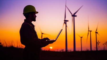 Wind turbine technician using a laptop during sunset at a renewable energy farmの素材