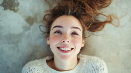 A young woman lies on the floor, smiling joyfully, with her hair spread out, wearing a cozy sweater in a bright roomの素材