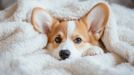 A playful corgi snuggles in a fluffy blanket, showing off its expressive eyes in a cozy indoor settingの素材