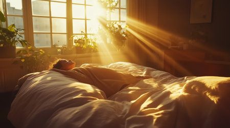 A peaceful morning as golden sunlight streams through a window, illuminating a person relaxing in bed surrounded by plantsの素材