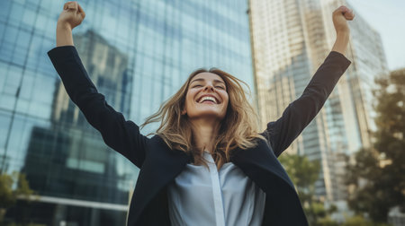 Young woman celebrating success outdoors in a city with modern buildings during a sunny dayの素材