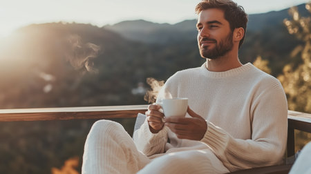 Relaxing morning coffee on a balcony with stunning mountain views in warm sunlightの素材