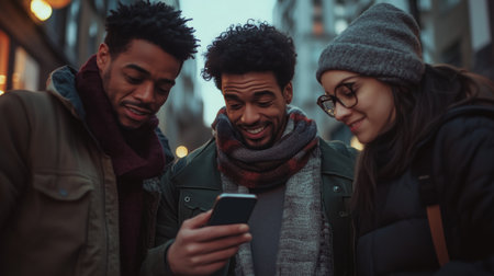 Three friends sharing a moment while using a smartphone on a lively street in the evening, surrounded by warm lightsの素材
