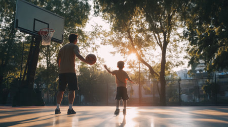 Father and son playing basketball during sunset in a park with lush greenery and a warm golden glowの素材