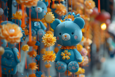 Colorful hanging decorations featuring a blue teddy bear and vibrant flowers in a cheerful market setting during daylightの素材