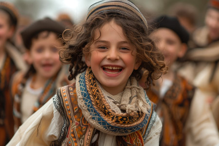 Children celebrate cultural festival wearing traditional outfits, showcasing joy and heritage in a lively outdoor gathering during fallの素材