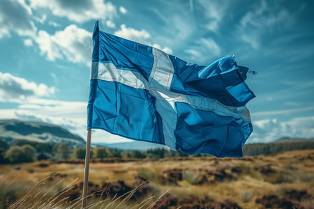 Waving Scottish flag atop a grassy hill under a bright blue sky with scattered clouds during daytime in a serene landscapeの素材