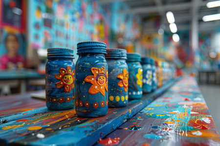Colorful painted bottles displayed on a table in a vibrant art studio filled with creative artworks and decorationsの素材