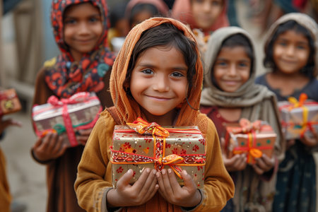 Smiling children in colorful scarves joyfully hold gift boxes during a community celebration in an outdoor settingの素材