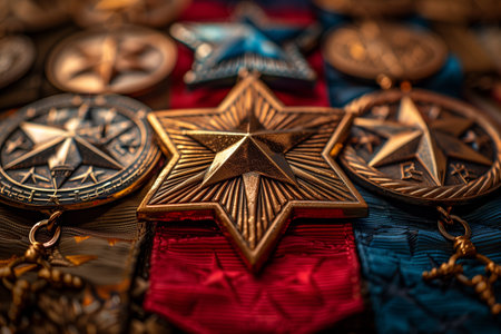 Close-up of various military medals displayed prominently on a vibrant ribbon background during a commemorative ceremony in autumnの素材