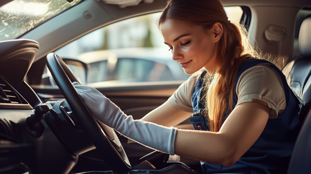 Young woman carefully detailing the interior of her car on a sunny afternoon in a suburban parking areaの素材