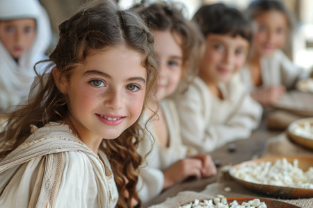 Children enjoying a communal meal while seated at a rustic table in a traditional setting during daylightの素材