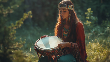 A young woman in traditional attire plays a drum in a serene forest setting during golden hourの素材