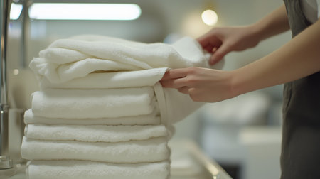Neatly folding white towels in a bright spa setting, highlighting cleanliness and organization during a busy afternoonの素材