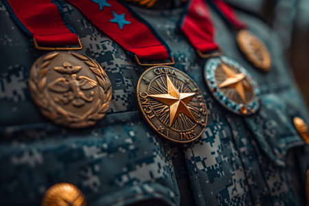 Military medals displayed on a uniform with red ribbons, honoring service and dedication to the nation in an outdoor settingの素材