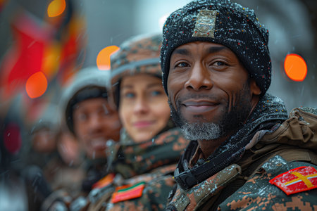 Soldiers in winter gear smile during a military ceremony in a snowy urban setting, highlighting camaraderie and resilienceの素材