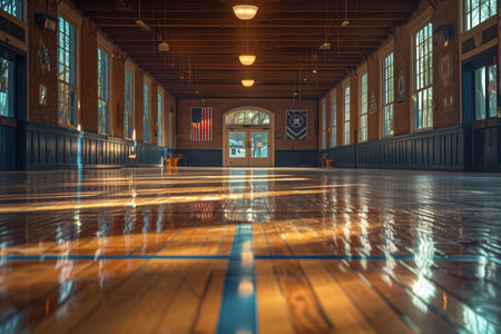Sunlight streams through windows in an empty gymnasium, illuminating the polished wooden floor and inviting reflections in the late afternoonの素材