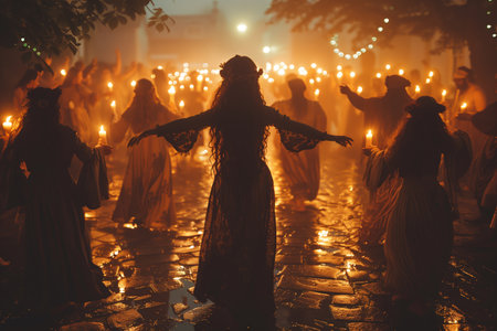 Gathering of figures in elaborate costumes holding candles during a misty evening celebration in a historic locationの素材
