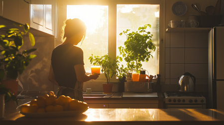 A woman in a cozy kitchen enjoys a refreshing drink while sunlight streams through the window, illuminating vibrant plants in the backgroundの素材