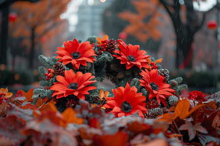 Bright red floral arrangement amid fall leaves in a city park during a rainy dayの素材