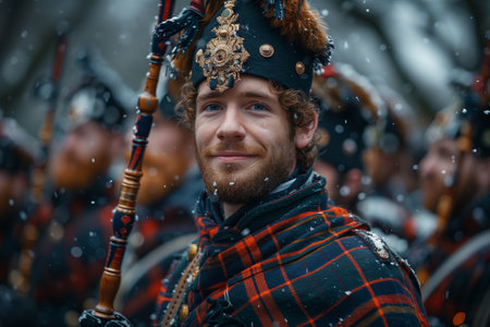 A group of men in traditional Scottish attire celebrate a winter festival in a snowy landscape with historical significanceの素材
