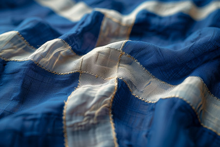Close-up view of textured blue fabric with contrasting white stripes showcasing intricate weaving and design elements in natural lightの素材