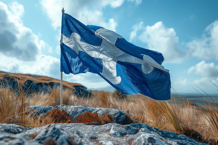 A blue and white flag waving on a rocky terrain under a bright sky in a serene landscape settingの素材